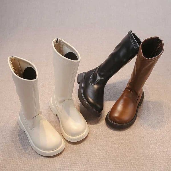 Children Long Boots Solid Color Knee-high Autumn Kids Boot Soft Pu Leather 26-36 Trendy Zipper Light Comfy All-match Girls ShoeXJ241206