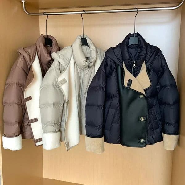 Winter Womens White Duck Down Jacket Loose Stand Collar Hooded Inflatable Jacket Womens Cashmere PU Leather Park Coat 241107
