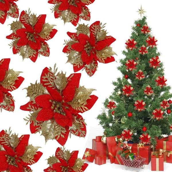 5/1pcs 14cm Glitter Artificial Christmas Flowers Christmas Tree Ornaments Merry Christmas Home Decorations New Year GiftsXJ241107