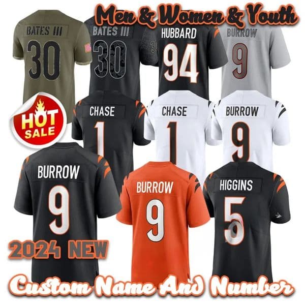 2024 New 9 Joe Burrow Football Jerseys Custom Stitched Tee Higgins Ja'Marr Chase Sam Hubbard Jessie Bates III Men Womens Youth Jersey Size S-6XL