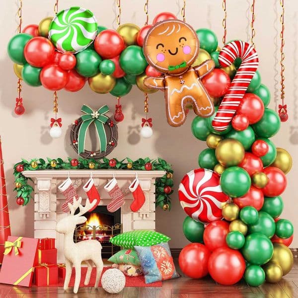 Christmas Balloon Garland Arch Chain Set Red Green Gold Candy Balloons with Gingerbread Man Candy Cane and Lollipop DecorationsXJ241107
