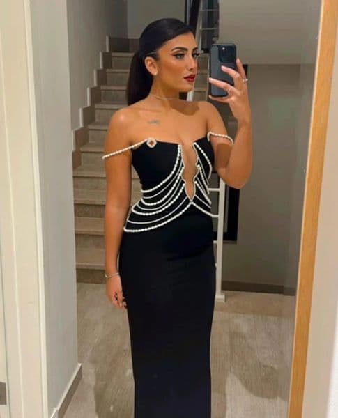 2024 New Women's Black Off Shoulder Sexy Pearl Mermaid Tight Long Bandage Elegant Celebrity Party Evening Dress