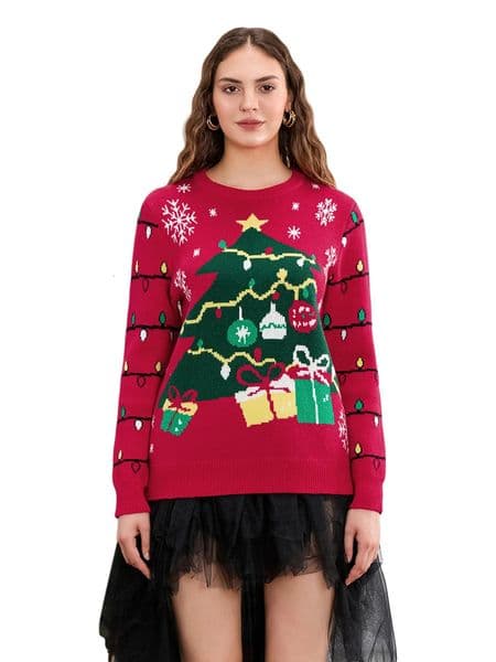 Womens Christmas Loose Sweater Tree String Lights Print Long Sleeve Round Neck Knit Tops Knitwear 241108