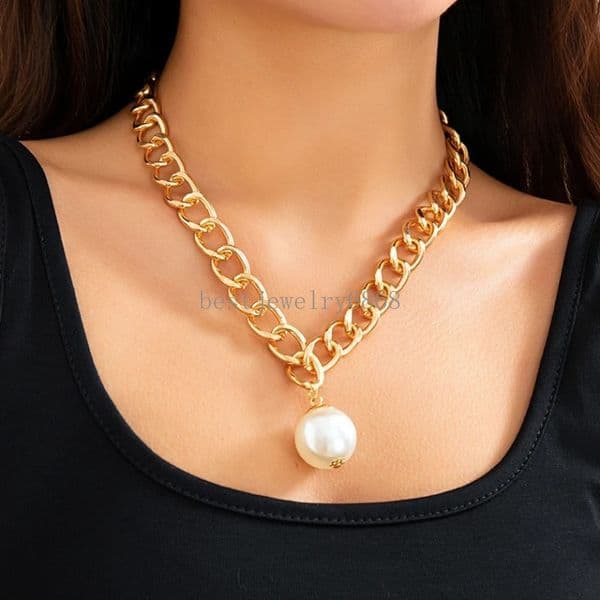 Punk Heavy Metal Cuban Chain Necklace Women 2024 Trend Chunky Thick Imitation Pearl Pendant Choker Grunge Jewelry Steampunk