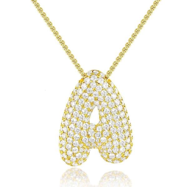 Bubble Letter Necklace, 14K Gold Plated Balloon Initial Pendant Box Chain Necklace Exquisite Dense Set Cubic Zircon Jewelry Gift for Ladies and Girls
