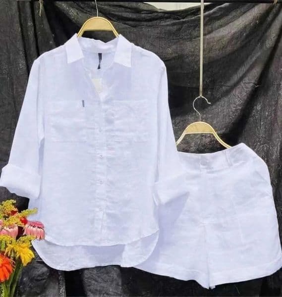 Fashion White Long Sleeve Shirt And Shorts Two Piece Sets Women Summer Cotton Linen Casual Home 2 Piece Set For Women 240328