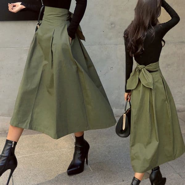Autumn Black Skirts Womens Korean Fashion Solid Color Big Swing Female Skirt Long Wild High Waist Bow Slim 240403
