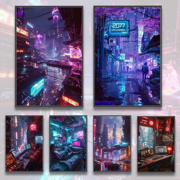 Cyberpunk City Self Adhesive Poster Figures Home Decoration Painting Pictures Wall Art Cartoons Computer Room Wallpaper Gifts X241107
