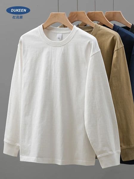 DUKEEN 320Gsm Heavyweight Long-Sleeve T Shirts for Men 100%cotton Spring and Autumn Loose Tops Plain White Undershirts Tees 240319