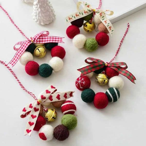 Christmas Decorations Mini Wool Felt Garland Pendants Christmas Bow Bell Ornament For Tree Home Party Holiday Hanging Xmas DecorXJ241107