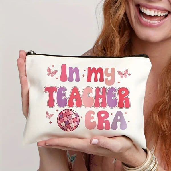 Color Letters Printed Women Cosmetic Bag Makeup Bags Portable Travel Organizer Bags Pouch Storage Handbags Purse Teacher's Gift