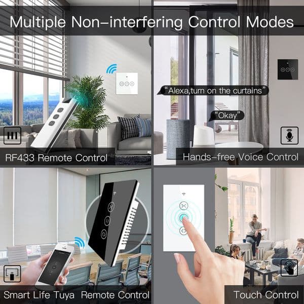 US WiFi RF433 Smart Touch Curtain Roller Blinds Motor Switch Tuya Smart Life App Remote Control Works with Alexa Google Home
