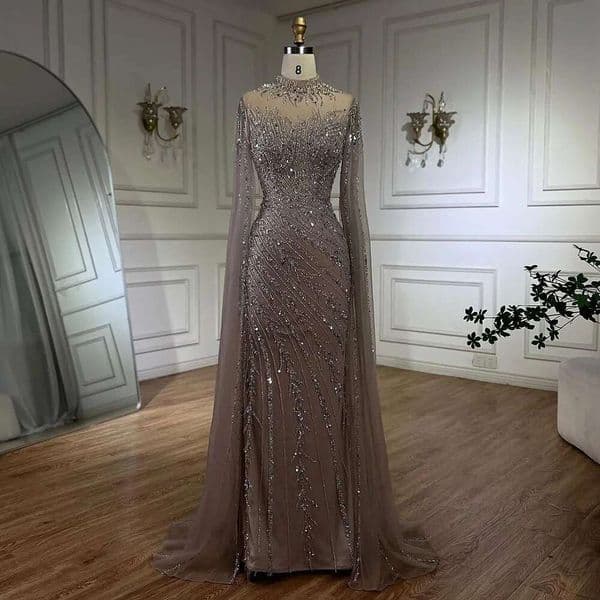 Serene Hill Nude Cape Mermaid Lace Beaded Long Evening Dresses Gowns For Ocn LA A Customized