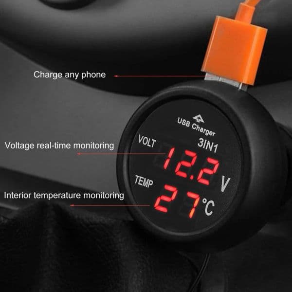2/1PCS 3-in-1 12V/24V Car Volt Meter LCD Digital Display Car Voltmeter Thermometer Car USB Charger Current Meter Volt Detector