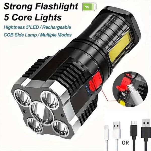 5 LEDs High Power Flashlight Rechargeable Camping Torch Light With COB Side Light 4 Modes For Camping Adventure Hiking OutdoorLX241109