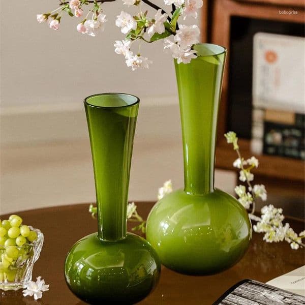 2026 Vases Retro Green Vase Long Neck Glass Ornaments Livingroom Flower Arranging Container French Art Crafts Home Decor Gift L250920 Free Shipping
