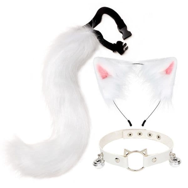 for CAT Ears Headband Tail Leather Necklace Set Cosplay Headpiece Accessories
