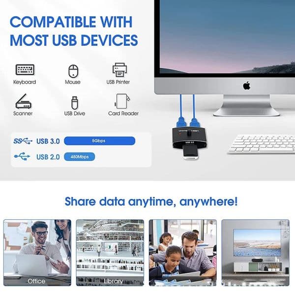 1PC USB 3.0 Switch Selector KVM Switch 5Gbps 2 in 1 Out USB Switch USB 3.0 Two-Way Sharer for Printer Keyboard Mouse Sharing