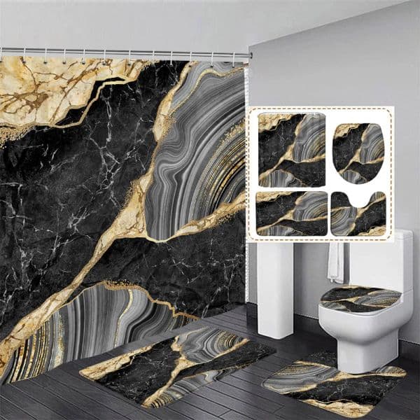 Abstract Marble Shower Curtain Set new 2025 Gold Lines Black Grey Pattern Modern Home Bathroom Decor Non-slip Rug Toilet Lid Cover