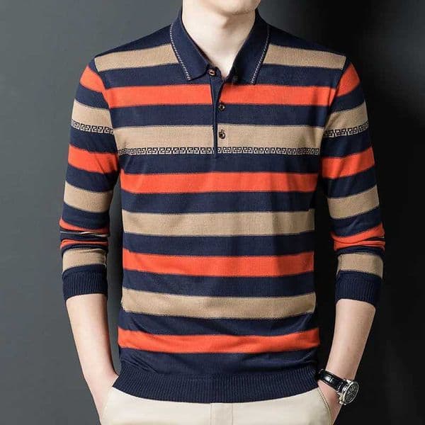 Autumn Winter New Mens Clothing Stripe Button Long SLeeve T-shirt Business Casual Slim Loose Fashion Pullover Tops LX241109