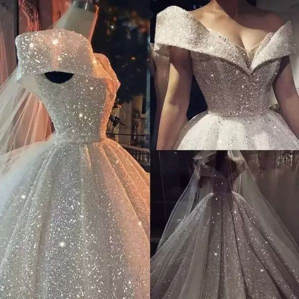 Sequins Sparkly Ballgown Wedding Dresses Bridal Gown Off The Shoulder Sweep Train Satin Tulle Plus Size Custom Made Vestido De Novia