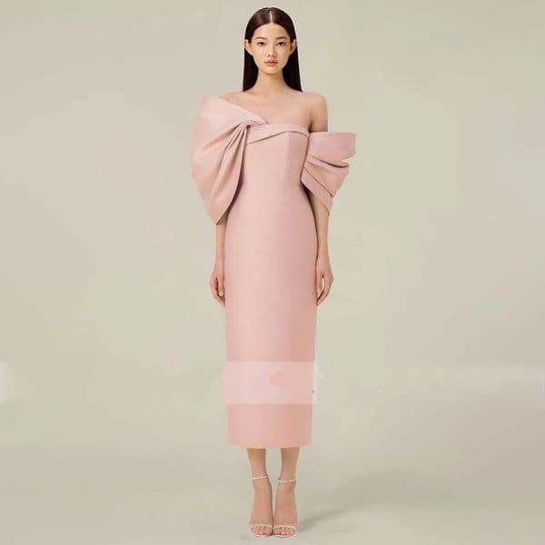 Elegant Pink Sheath Evening Birthday Dress 2024 Sheer Neck Big Bow Illusion Buttons Back Satin Tea Length Formal Prom Party Gown Robe De Soiree