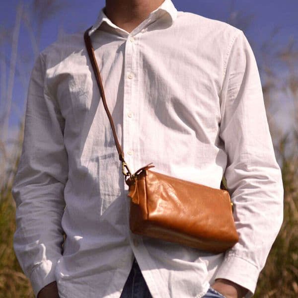 Leather Horizontal Double-Sided Men's New Box Small Square Bag Double Zipper Vegetable Tanned Cow Leather Cr