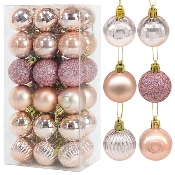 1 Box Rose Gold Plastic Christmas Balls Ornament 4cm Hang Pendant Ball Indoor New Year Xmas Tree Decor Home Christmas Decoration