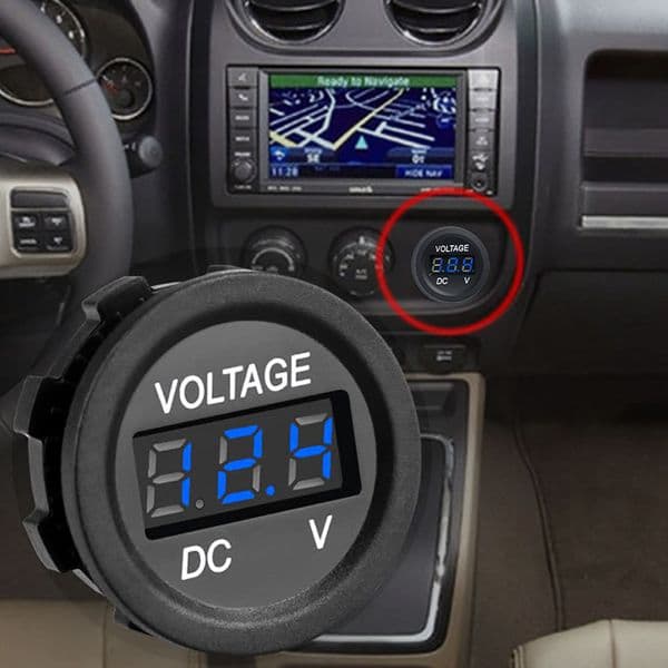 LED Digital Display Voltmeter Panel 12/24V Waterproof Digital Round Panel Volt Tester Gauge for Boat Marine Vehicle Motorcycle