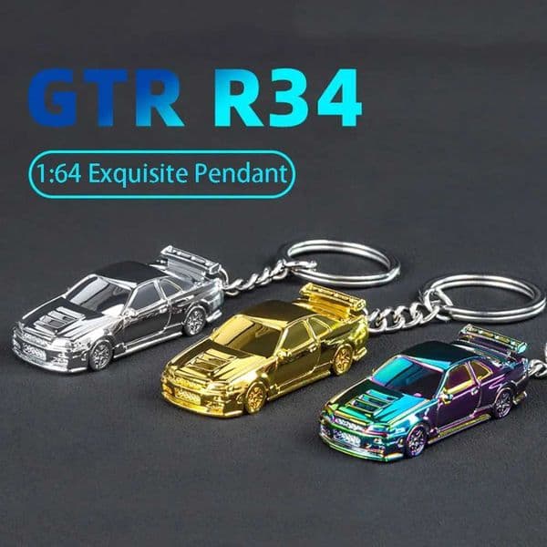 1 64 Scale GTR-R34 RS7 Car Model Toys Car Chain Metal Diecast Keyring Electroplating Painting Keychains Boys Gifts for FriendsXJ241109