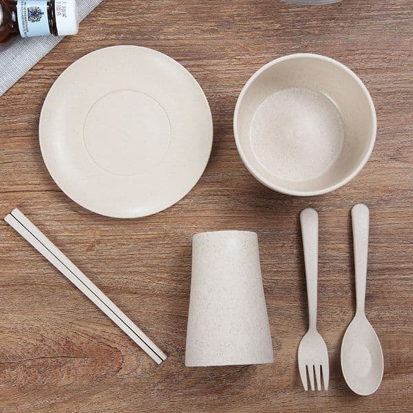 6pcs/set Baby Children Tableware Set Tableware Wheat Straw Household Dishware Set Simple Dishes Salad Soup Bowl Steak Plate