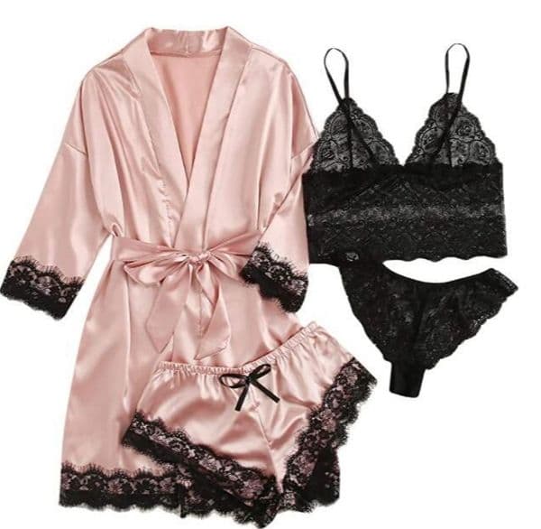 26ss 4 Pieces Women's Sexy Satin Sleepwear Pajamas With Robe Lace Lingerie Bathrobe Silk Home Clothed Nightwear Suit Loungewear