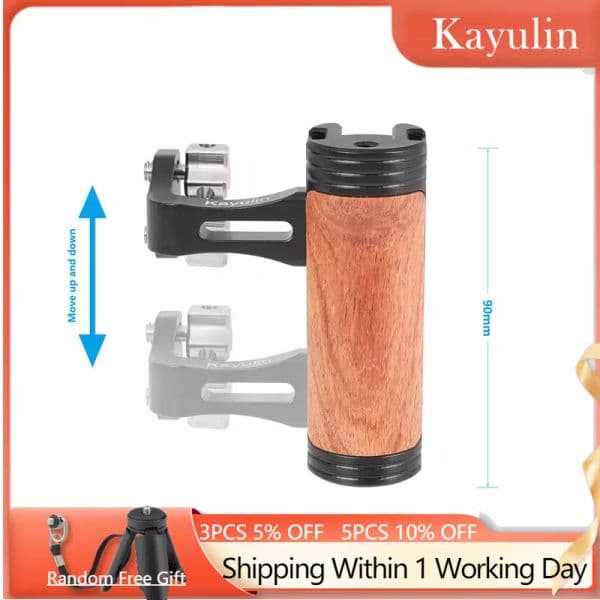 Kayulin Adjustable DSLR Wooden Camera Handle Universal Side Handle Grip With Cold Shoe Mount for Microphone and flash light