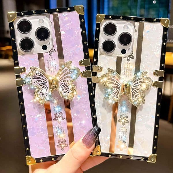 Luxury Glitter Diamond Butterfly Stand Square Cases Stand Metal Corner For iPhone 16 15 14 13 12 11 Pro Max Samsung S21 S23 FE S22 S24 Ultra A15 A35 A55 A06 A16 A05 A05S A25