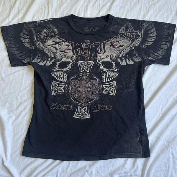 2000s Aesthetic Mall Goth E-girl Gothic T-shirt Retro Y2K Grunge Skull Wing Crop Tops Indie Graphic Print Short Sleeve Tee Women 240410