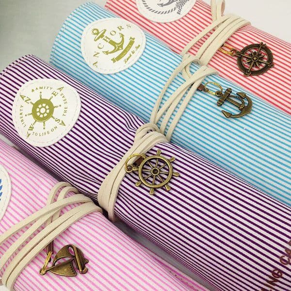 Cute Kawaii pencil case for girls Stationery organizer Fresh navy style striped canvas roll up pen bags school rolling case
