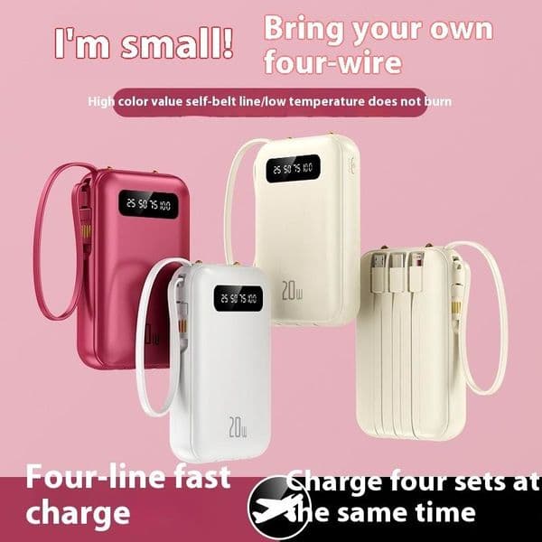 Mini Power Bank 20000mah Portable with 4 Cables Fast Charging Mobile Phone Digital Display External Battery Charger