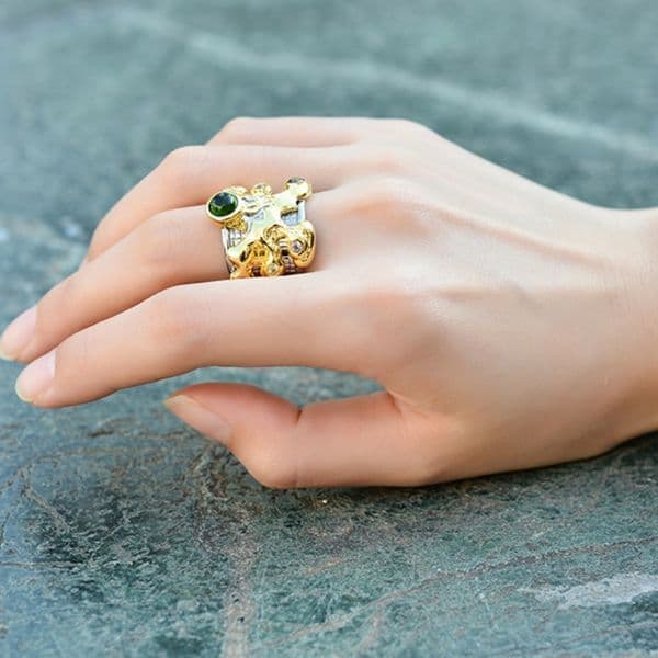 S925 Silver Geometric Inlaid Opening Personality Niche Punk Trend Liquid Food Finger Ring Bracelet