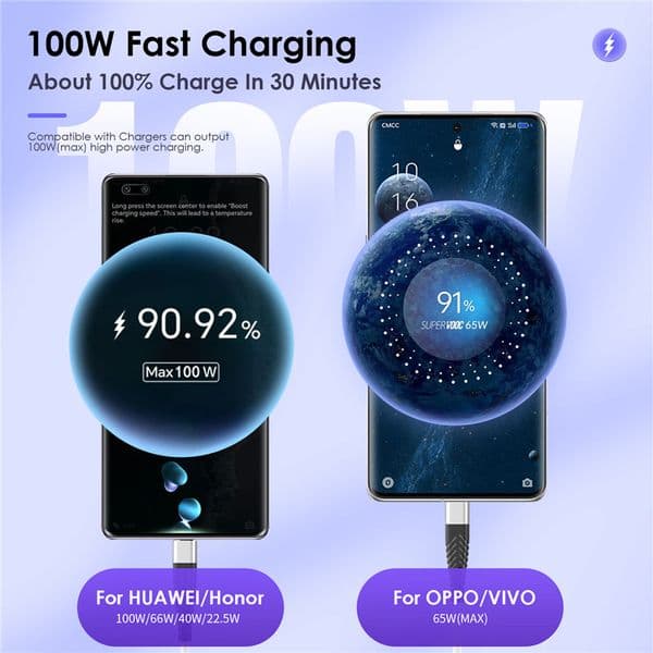 7A 100W Type C USB Cable Super-Fast Charge Cable for Huawei Mate 40 30 Xiaomi Oneplus Realme Fast Charging USB Charger Data Cord