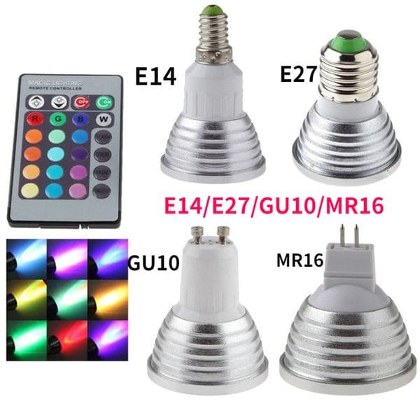 New LED RGB Spotlight 3W E27 E14 GU10 GU5.3 MR16 With 24keys Remote Control Color Changing Light Lamps Bulbs For Home Decoration