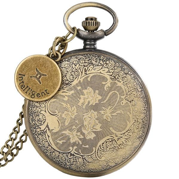 Vintage Bronze Twelve Constellations Quartz Necklace Pocket Watch Pendant Timepiece Men Women Birthday Collectable Gifts