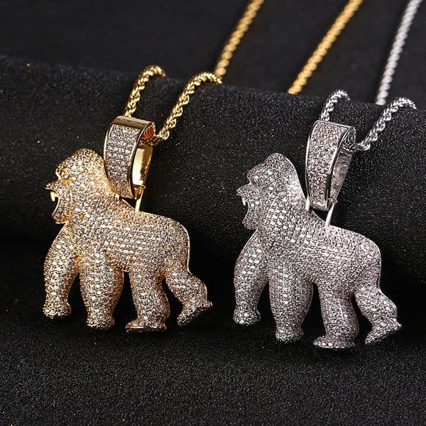 Hip Hop 3A+ CZ Stone Paved Bling Iced Out Fierce Gorilla Pendants Necklaces for Men Rapper Jewelry Gold Silver Color