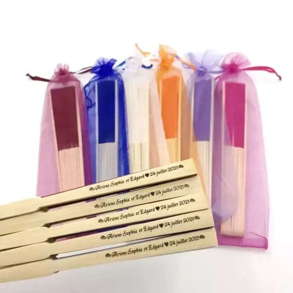 Wedding Customized Fan With Printing Name&Date Summer Party Decoration Supplies Silk Fabric Bamboo Hand Folding Fans In Organza Bag s
