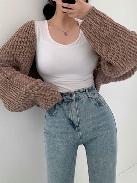 Women's Spring Autumn Open Front Cropped Cardigan Long Sleeve Solid Color Shrug Sweater Knit Tops