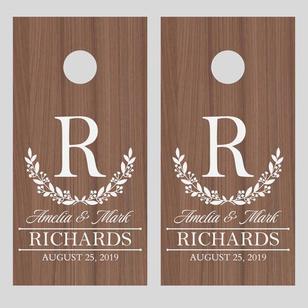 Cornhole Decals Custom Corn Hole Sticker Wreath Initial Names and Established Date Lawn Game Decals for Wedding Anniversary Z537