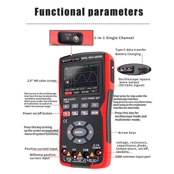 2 In 1 Digital Oscilloscope Multimeter 48MSa/s Sampling Rate 10Mhz Bandwidth 9999 Counts True RMS 400V AC DC Universal Meter