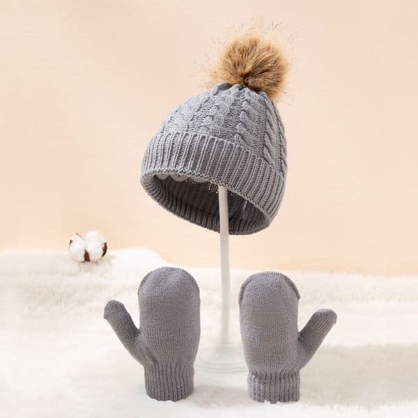 Winter Hat Gloves Suit Children Boys Girls Caps Pompom Ball Keep Warm Knitted Beanies and Mittens Solid Color for 0-3 Years Kids