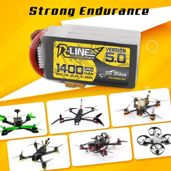 Tattu R-Line 1200mAh 1400mAh 6S Lipo Battery 150C XT60 Plug RC Power for 5-inch Aircraft FPV Racing Multirotor Quadcopter Frame