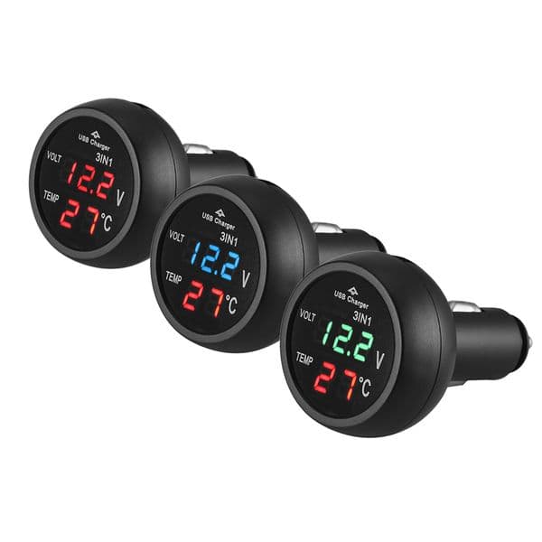 3 in 1 Universal 12V/24V LED Digital Car Volt Meter USB Car Charger Voltage Meter Voltmeter Thermometer Car Battery Monitor
