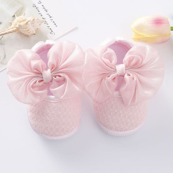 Tregren Infant Baby Girl Flat Shoes for Spring Autumn Bowknot Soft Sole Anti Slip Crib Shoes + Lace Headband